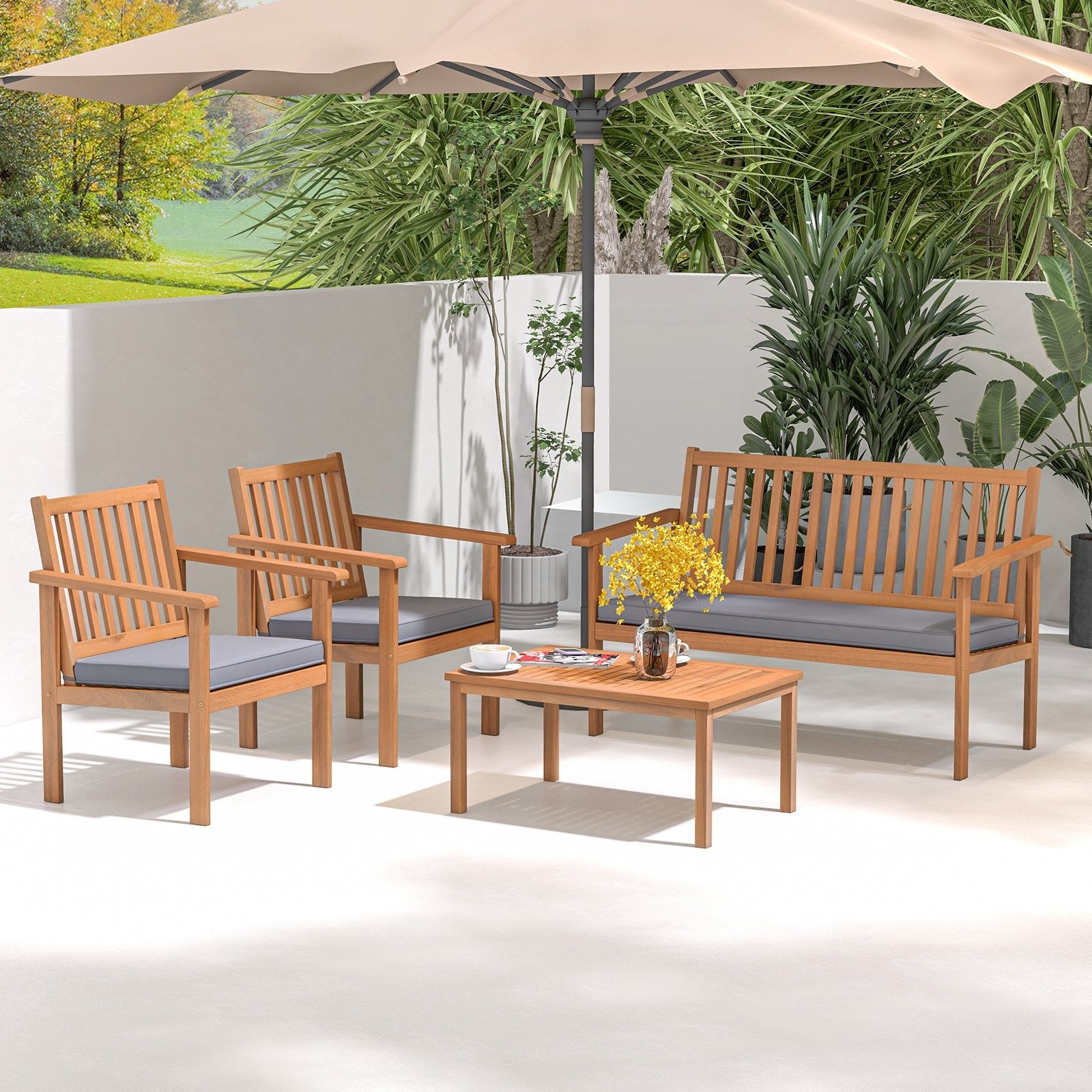 4 Piece Patio Wood Furniture Set Acacia Wood Sofa Set with Loveseat, Gray Patio Conversation Sets   at Gallery Canada