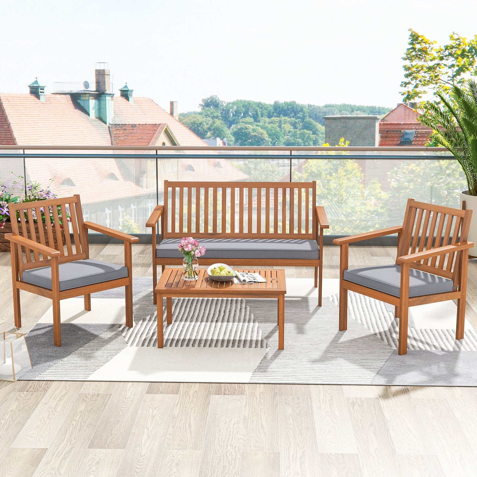 4 Piece Patio Wood Furniture Set Acacia Wood Sofa Set with Loveseat, Gray Patio Conversation Sets   at Gallery Canada