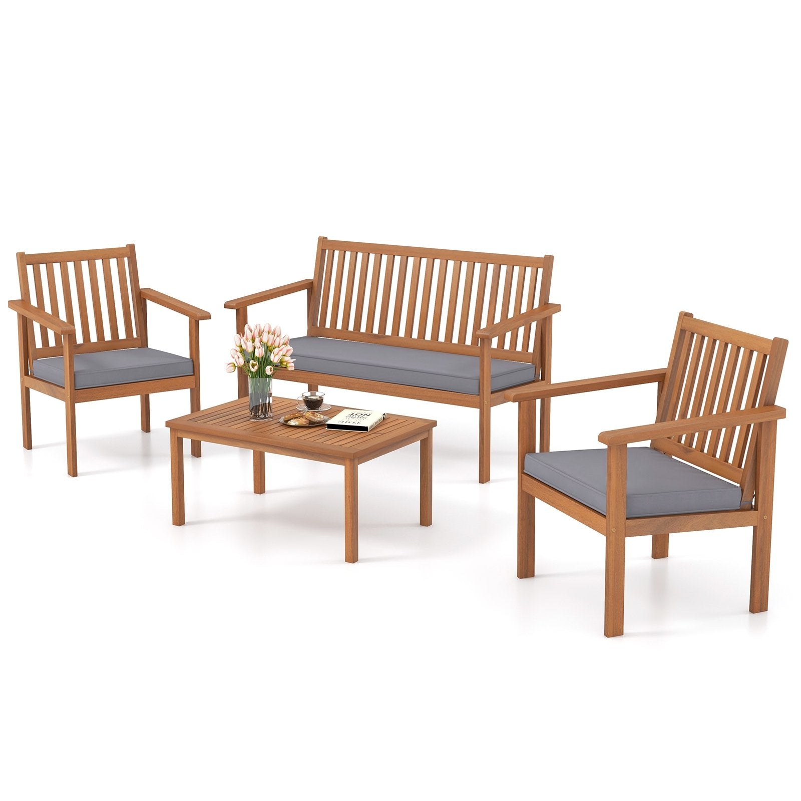 4 Piece Patio Wood Furniture Set Acacia Wood Sofa Set with Loveseat, Gray Patio Conversation Sets   at Gallery Canada