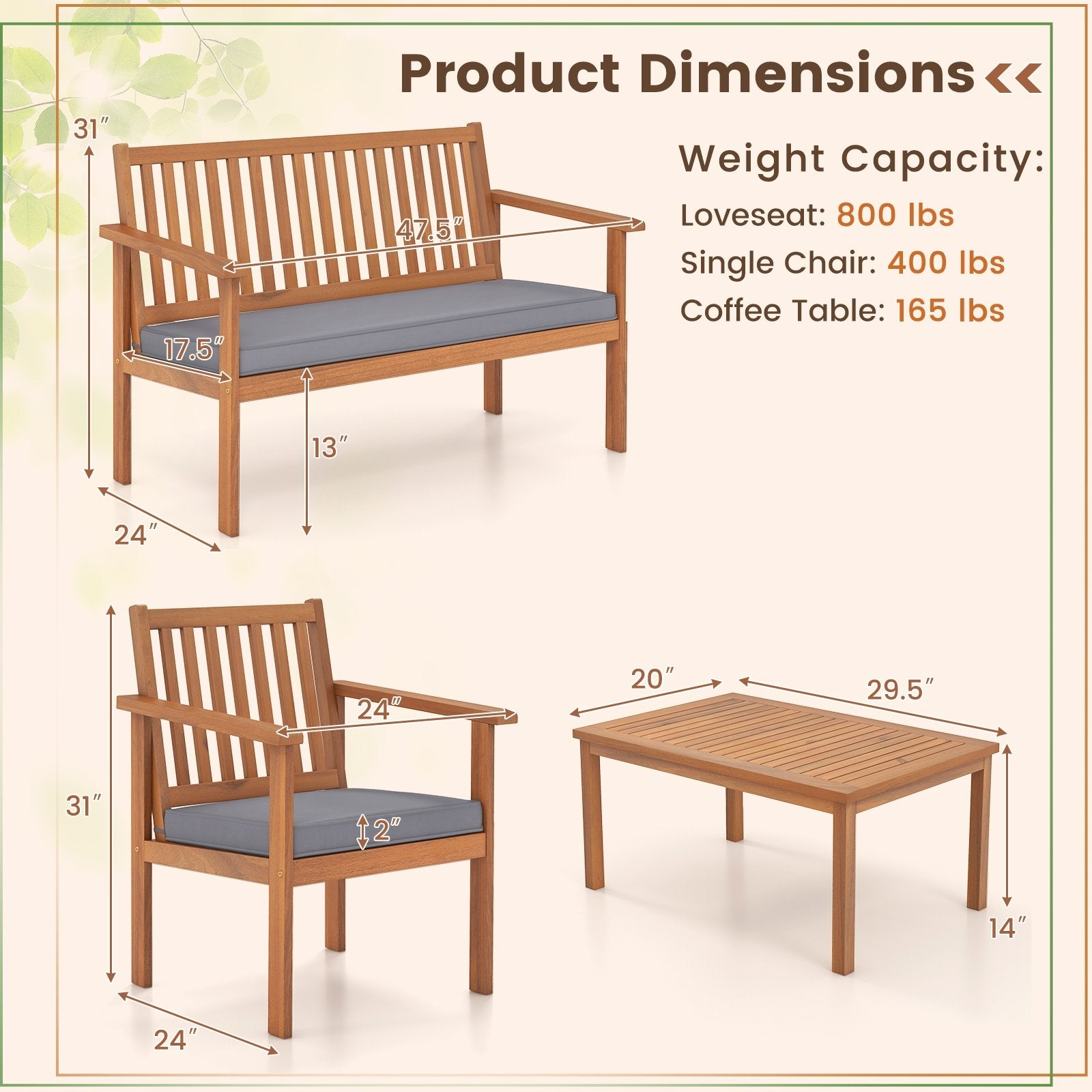 4 Piece Patio Wood Furniture Set Acacia Wood Sofa Set with Loveseat, Gray Patio Conversation Sets   at Gallery Canada