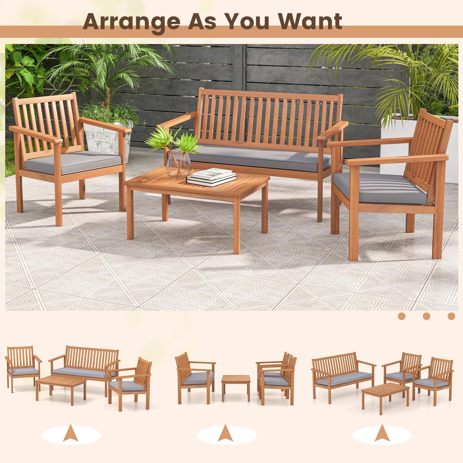 4 Piece Patio Wood Furniture Set Acacia Wood Sofa Set with Loveseat, Gray Patio Conversation Sets   at Gallery Canada