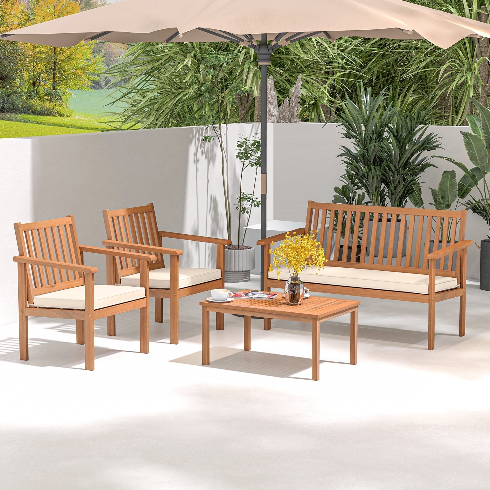 4 Piece Patio Wood Furniture Set Acacia Wood Sofa Set with Loveseat, Off White Patio Conversation Sets   at Gallery Canada