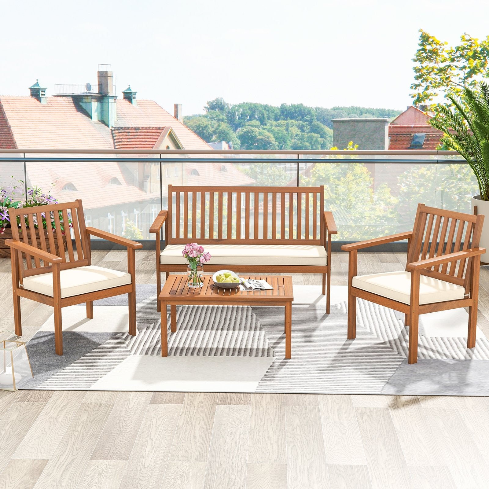 4 Piece Patio Wood Furniture Set Acacia Wood Sofa Set with Loveseat, Off White Patio Conversation Sets   at Gallery Canada