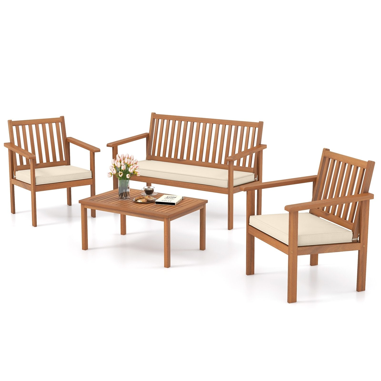 4 Piece Patio Wood Furniture Set Acacia Wood Sofa Set with Loveseat, Off White Patio Conversation Sets   at Gallery Canada