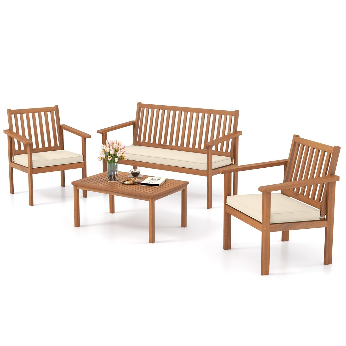 4 Piece Patio Wood Furniture Set Acacia Wood Sofa Set with Loveseat, Off White Patio Conversation Sets   at Gallery Canada