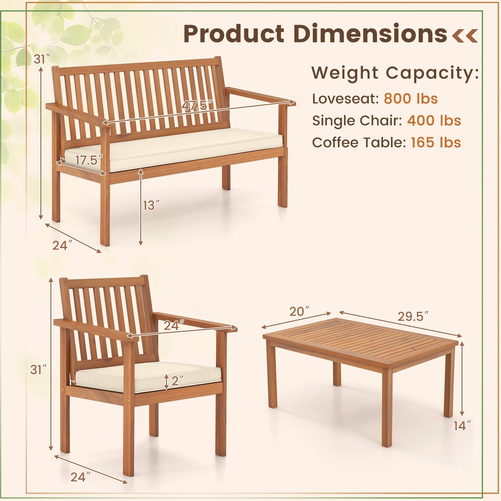 4 Piece Patio Wood Furniture Set Acacia Wood Sofa Set with Loveseat, Off White Patio Conversation Sets   at Gallery Canada