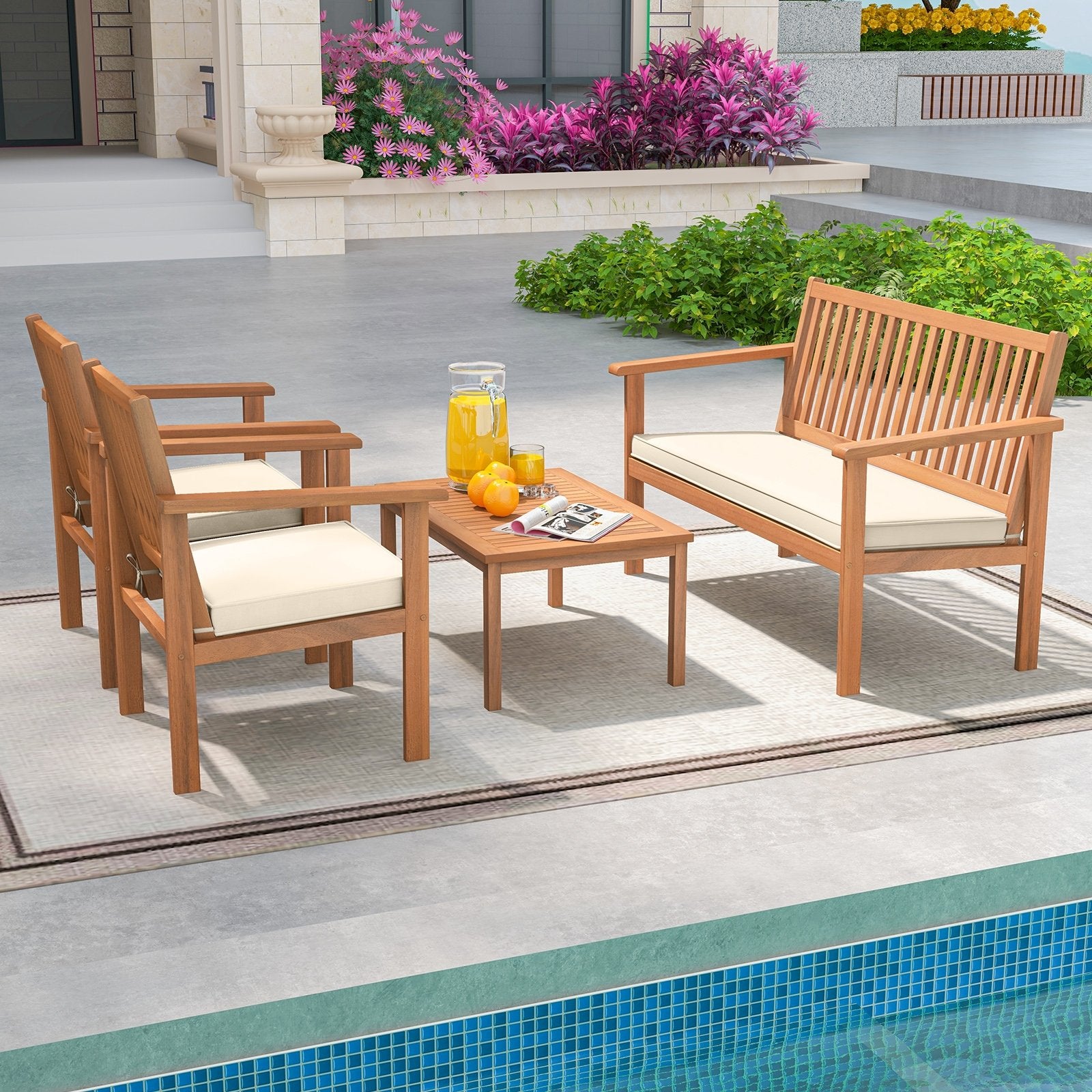 4 Piece Patio Wood Furniture Set Acacia Wood Sofa Set with Loveseat, Off White Patio Conversation Sets   at Gallery Canada