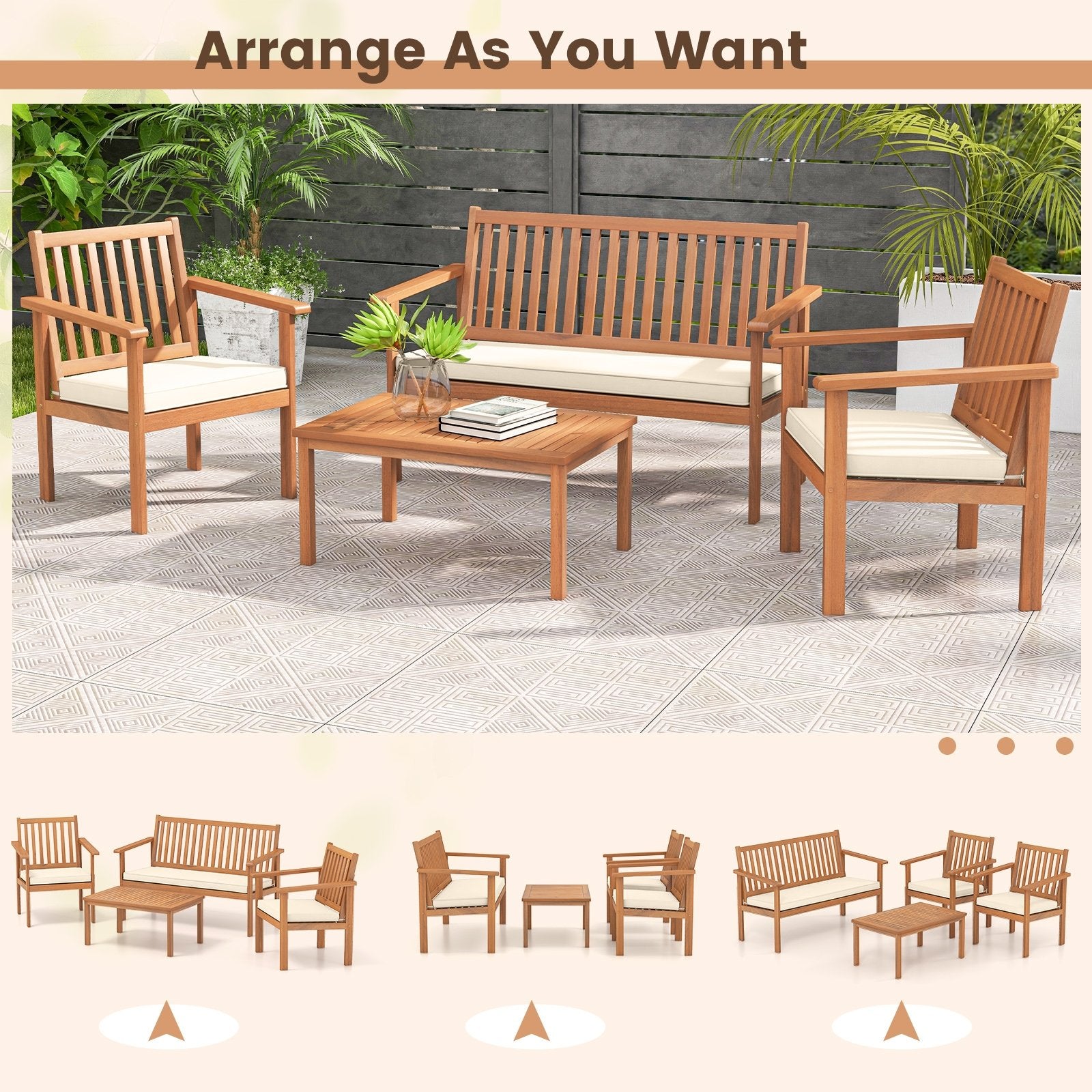 4 Piece Patio Wood Furniture Set Acacia Wood Sofa Set with Loveseat, Off White Patio Conversation Sets   at Gallery Canada