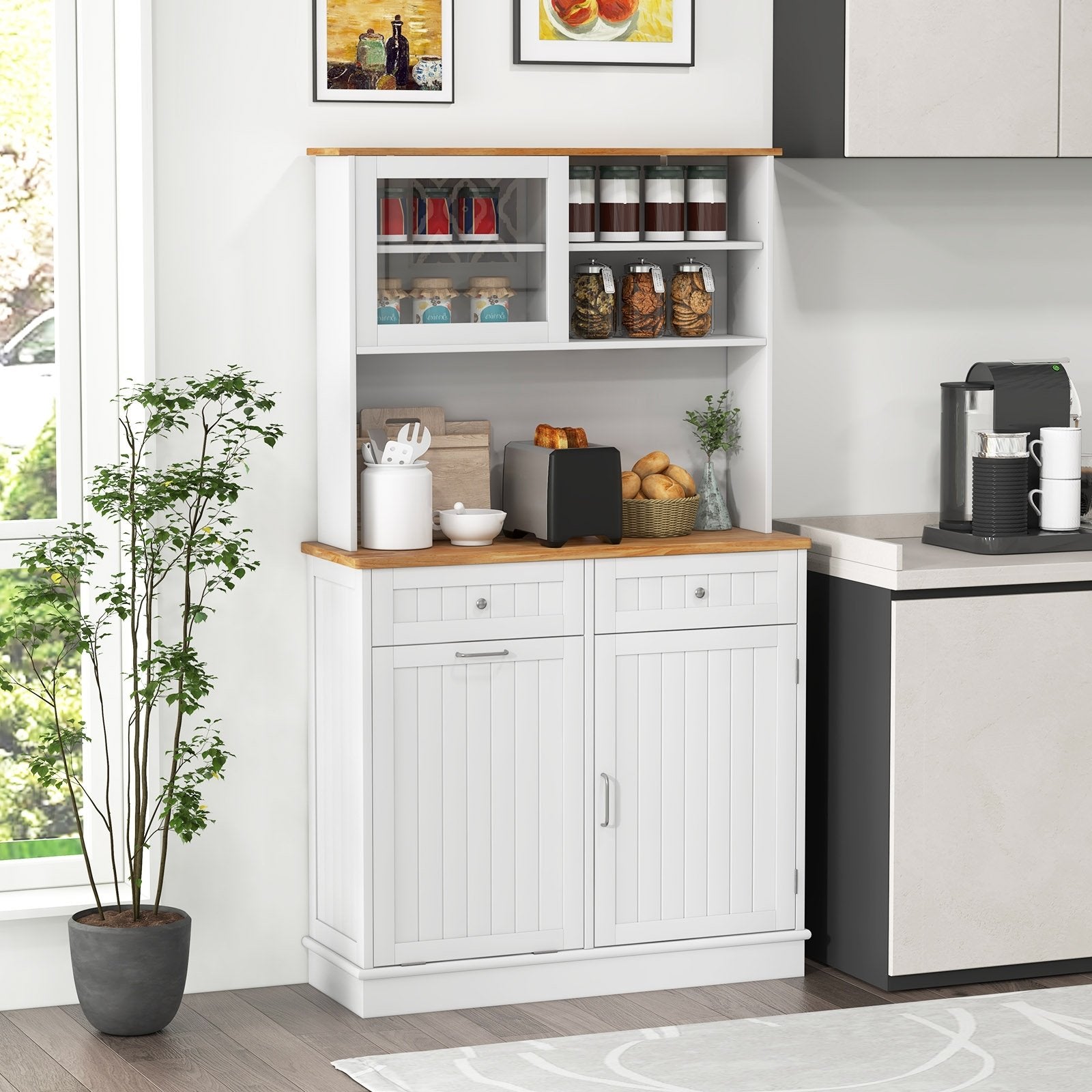 Double Tilt Out Trash Cabinet with Hutch and Rubber Wood Countertop, White Sideboards Cabinets & Buffets   at Gallery Canada