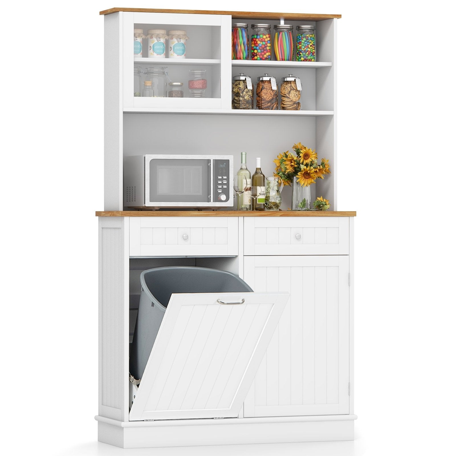 Double Tilt Out Trash Cabinet with Hutch and Rubber Wood Countertop, White Sideboards Cabinets & Buffets   at Gallery Canada