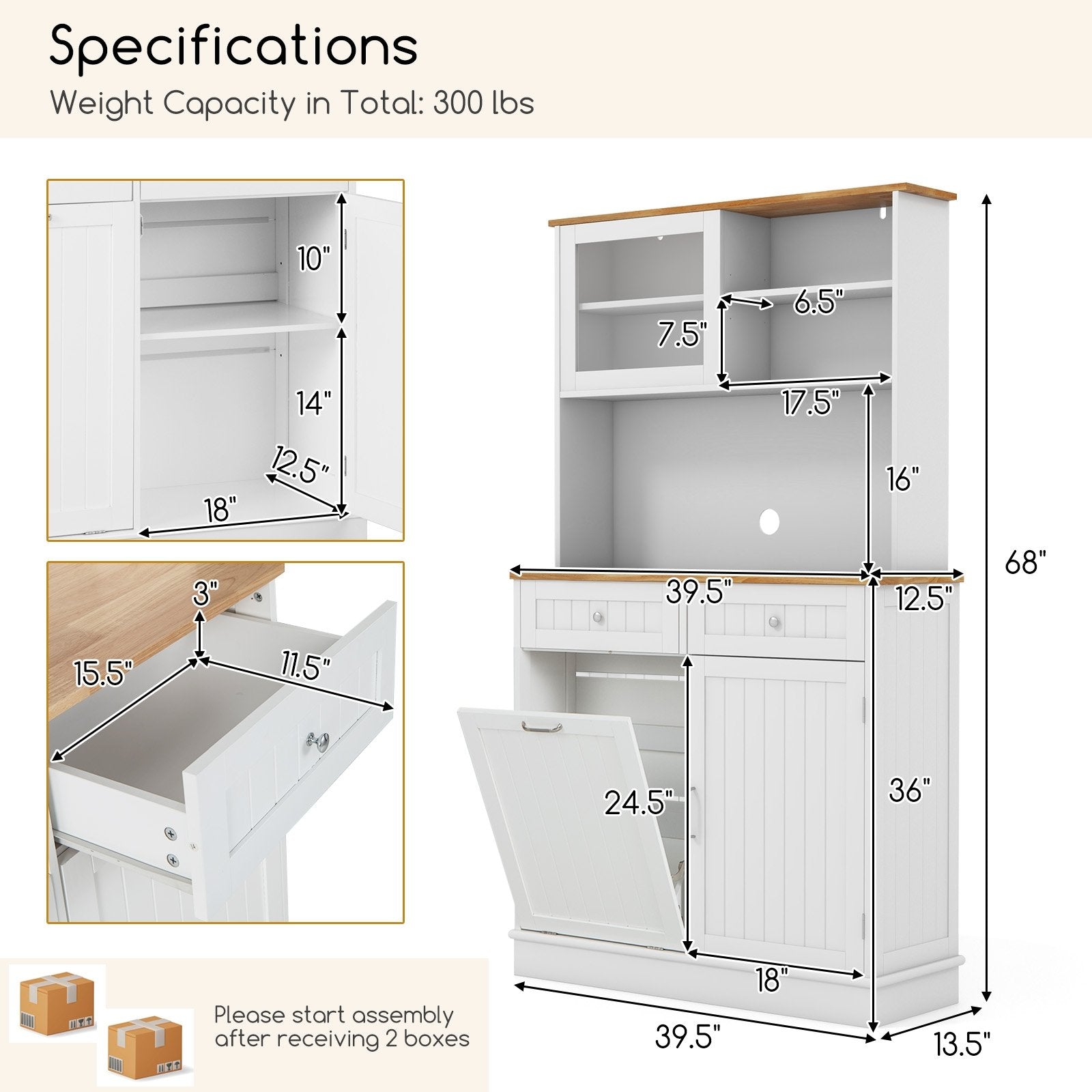 Double Tilt Out Trash Cabinet with Hutch and Rubber Wood Countertop, White Sideboards Cabinets & Buffets   at Gallery Canada