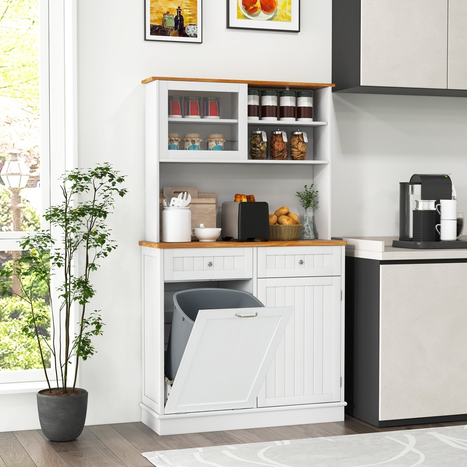 Double Tilt Out Trash Cabinet with Hutch and Rubber Wood Countertop, White Sideboards Cabinets & Buffets   at Gallery Canada