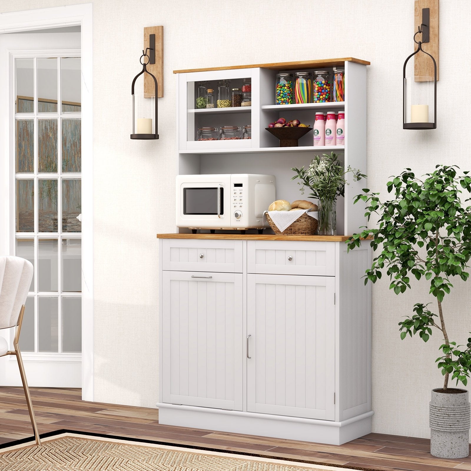 Double Tilt Out Trash Cabinet with Hutch and Rubber Wood Countertop, White Sideboards Cabinets & Buffets   at Gallery Canada