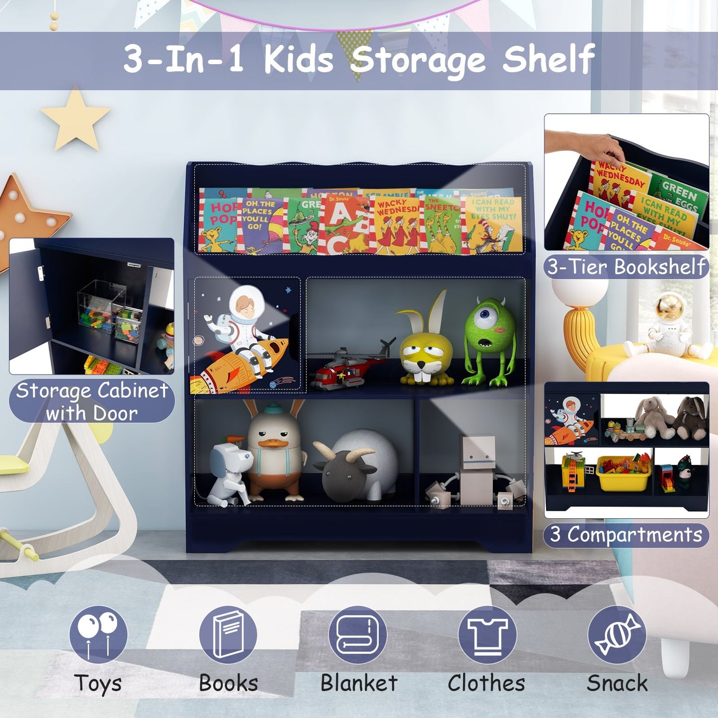 Kids Toy Storage Organizer with Book Shelf and Storage Cabinet, Navy Kids Storage   at Gallery Canada