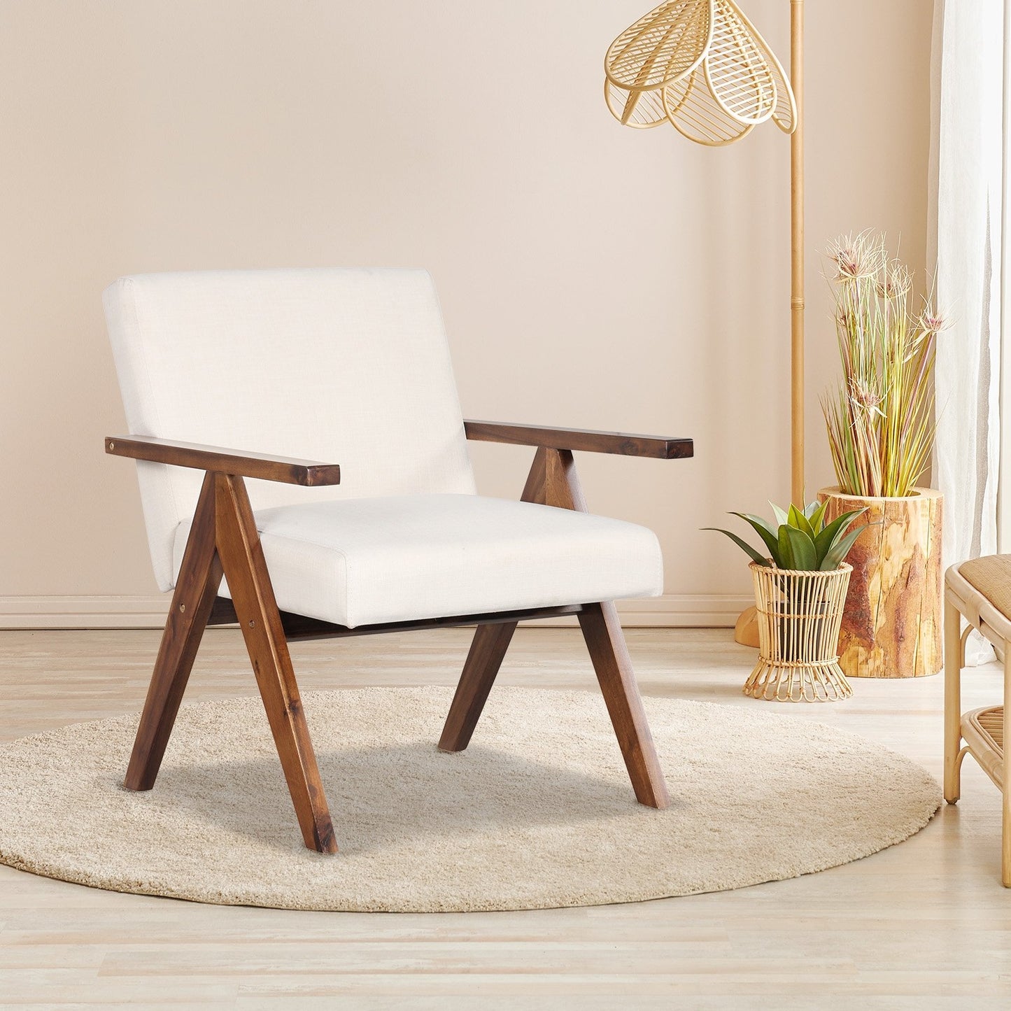 Modern Accent Chair Linen Fabric Armchair with Solid Acacia Wood Frame, Beige Accent Chairs   at Gallery Canada