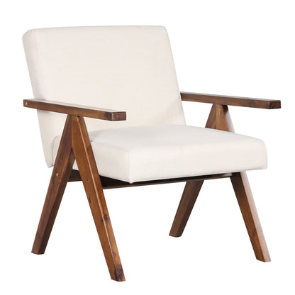 Modern Accent Chair Linen Fabric Armchair with Solid Acacia Wood Frame, Beige Accent Chairs   at Gallery Canada