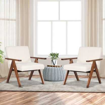 Modern Accent Chair Linen Fabric Armchair with Solid Acacia Wood Frame, Beige Accent Chairs   at Gallery Canada