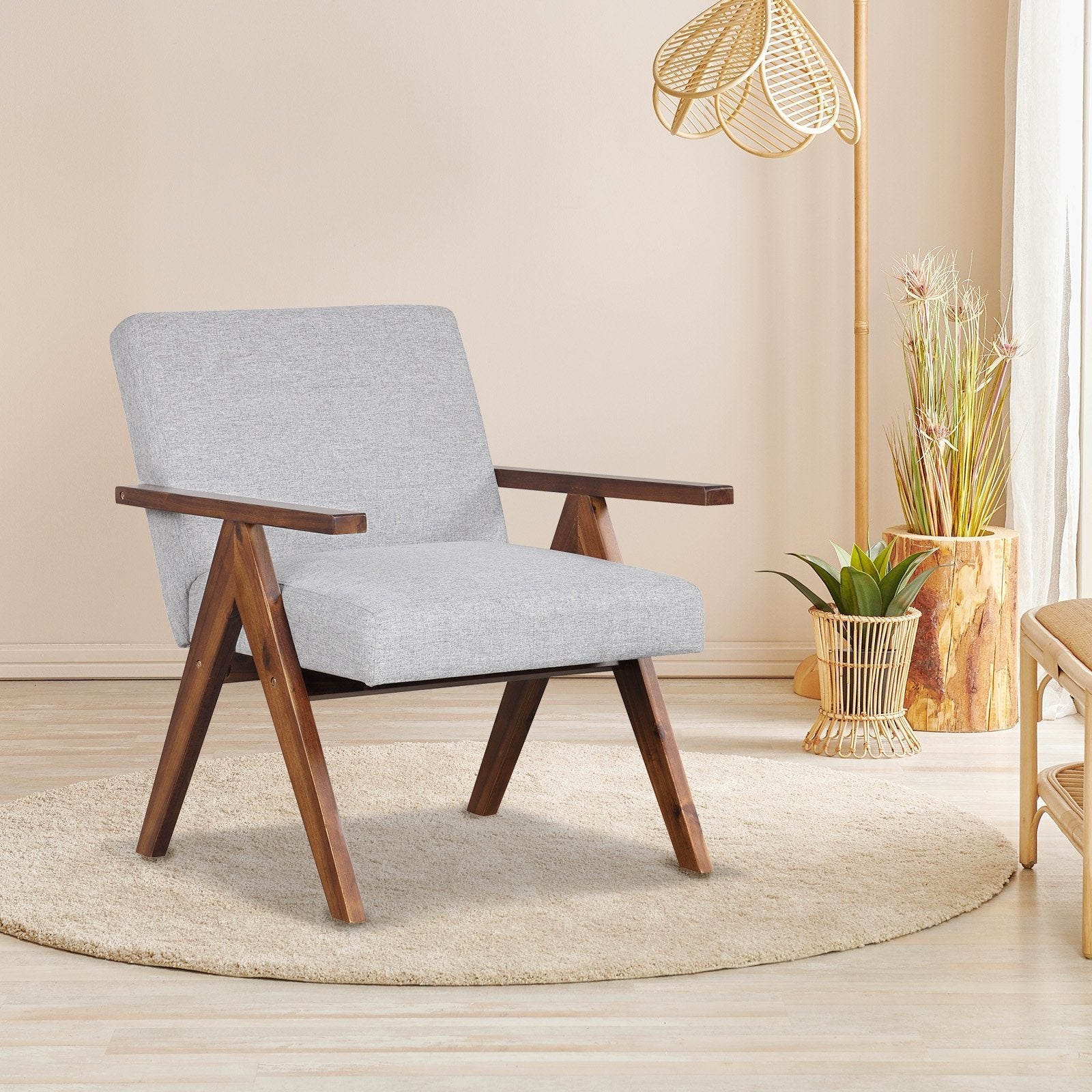 Modern Accent Chair Linen Fabric Armchair with Solid Acacia Wood Frame, Gray Accent Chairs   at Gallery Canada