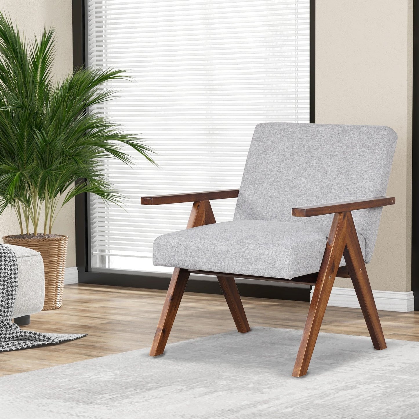 Modern Accent Chair Linen Fabric Armchair with Solid Acacia Wood Frame, Gray Accent Chairs   at Gallery Canada