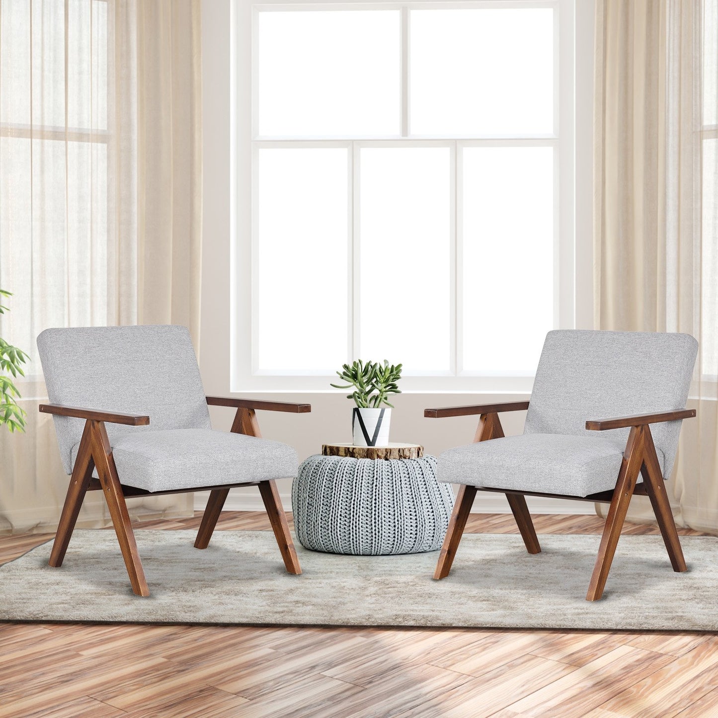 Modern Accent Chair Linen Fabric Armchair with Solid Acacia Wood Frame, Gray Accent Chairs   at Gallery Canada