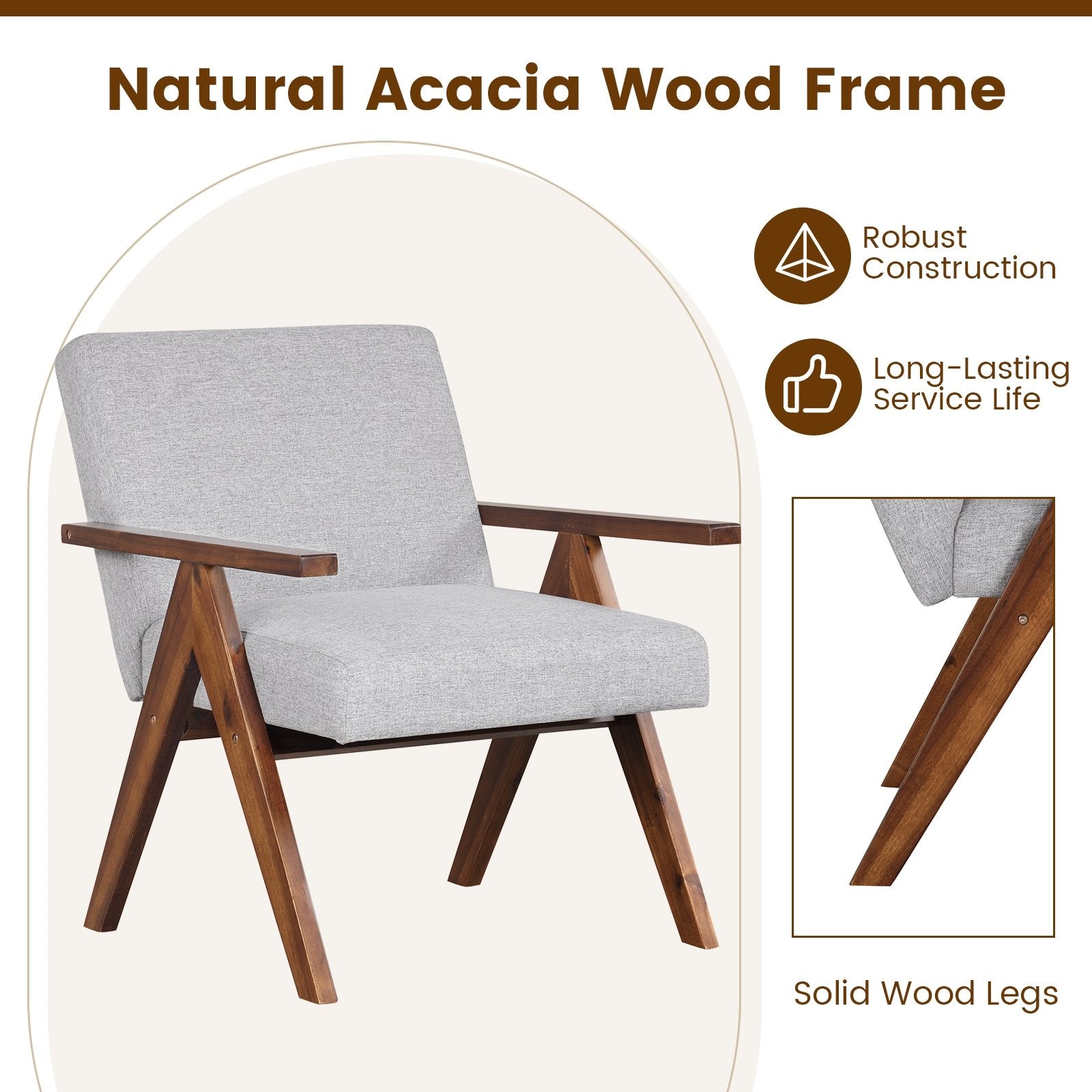 Modern Accent Chair Linen Fabric Armchair with Solid Acacia Wood Frame, Gray Accent Chairs   at Gallery Canada