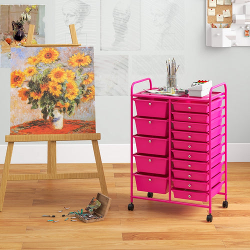 15-Drawer Utility Rolling Organizer Cart MultiUse Storage, Pink