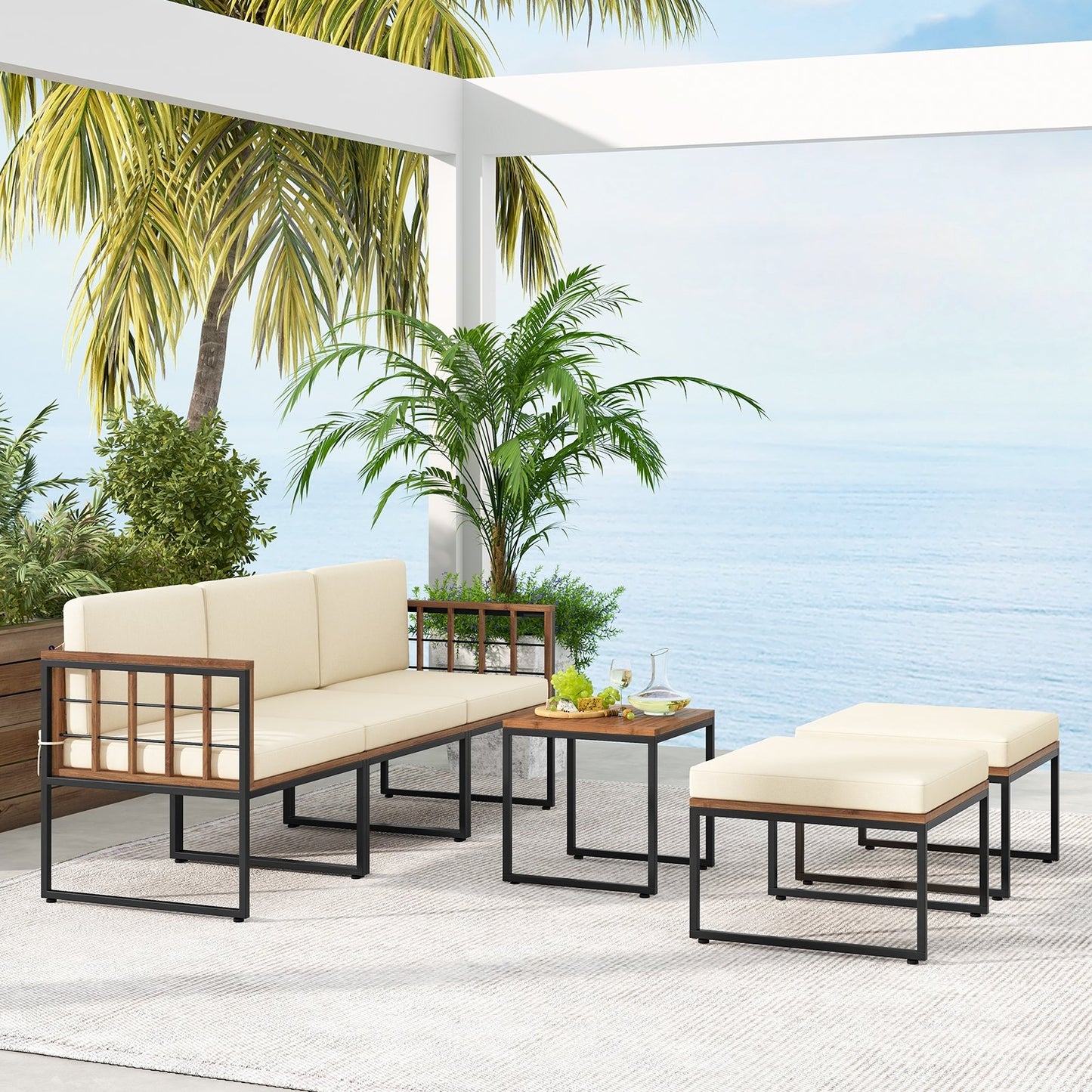 6 Pieces Acacia Wood Patio Furniture Set with Coffee Table and Ottomans, Beige Patio Conversation Sets   at Gallery Canada