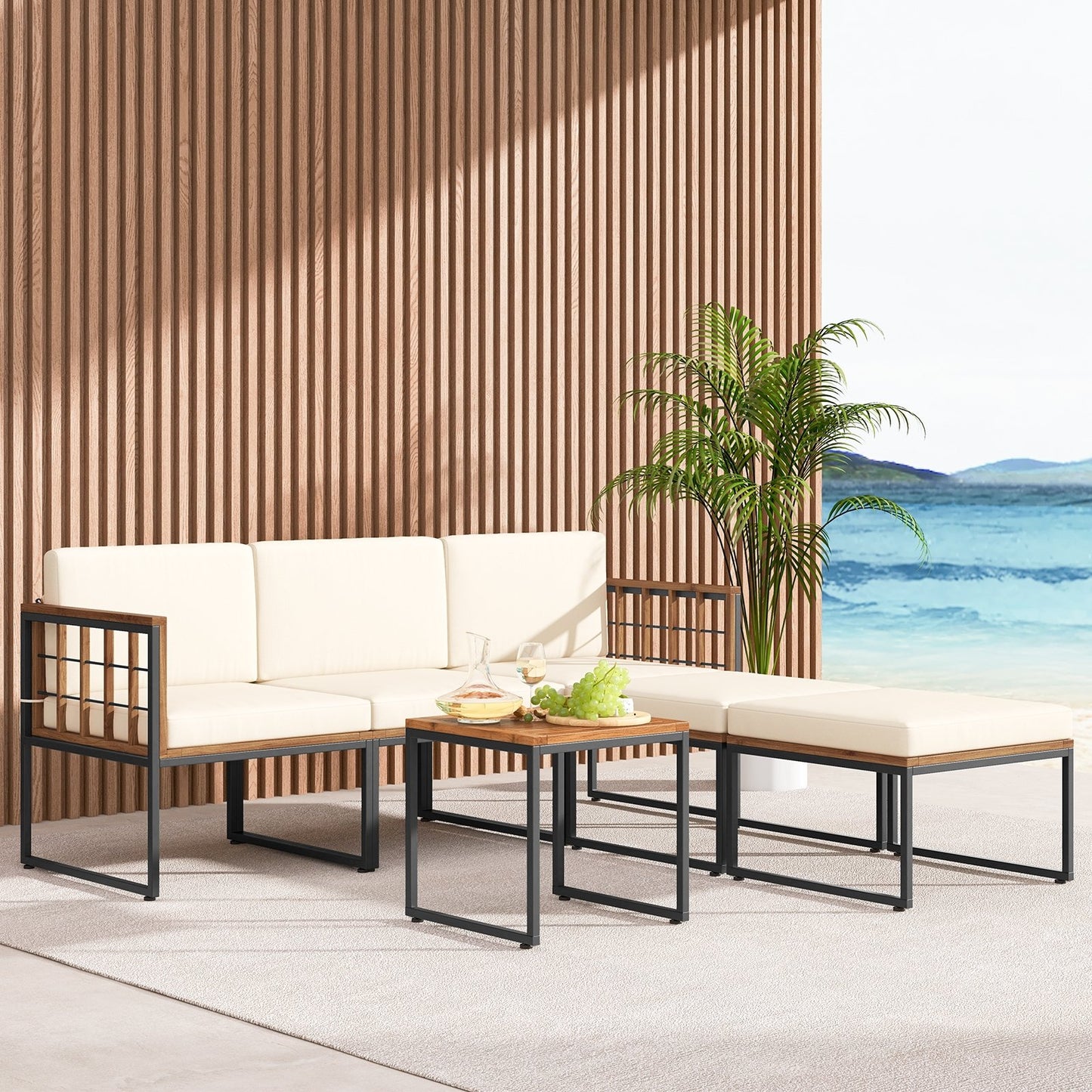 6 Pieces Acacia Wood Patio Furniture Set with Coffee Table and Ottomans, Beige Patio Conversation Sets   at Gallery Canada