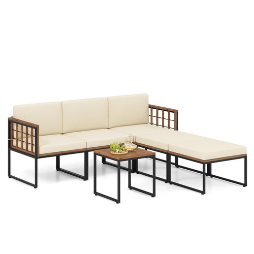 6 Pieces Acacia Wood Patio Furniture Set with Coffee Table and Ottomans, Beige