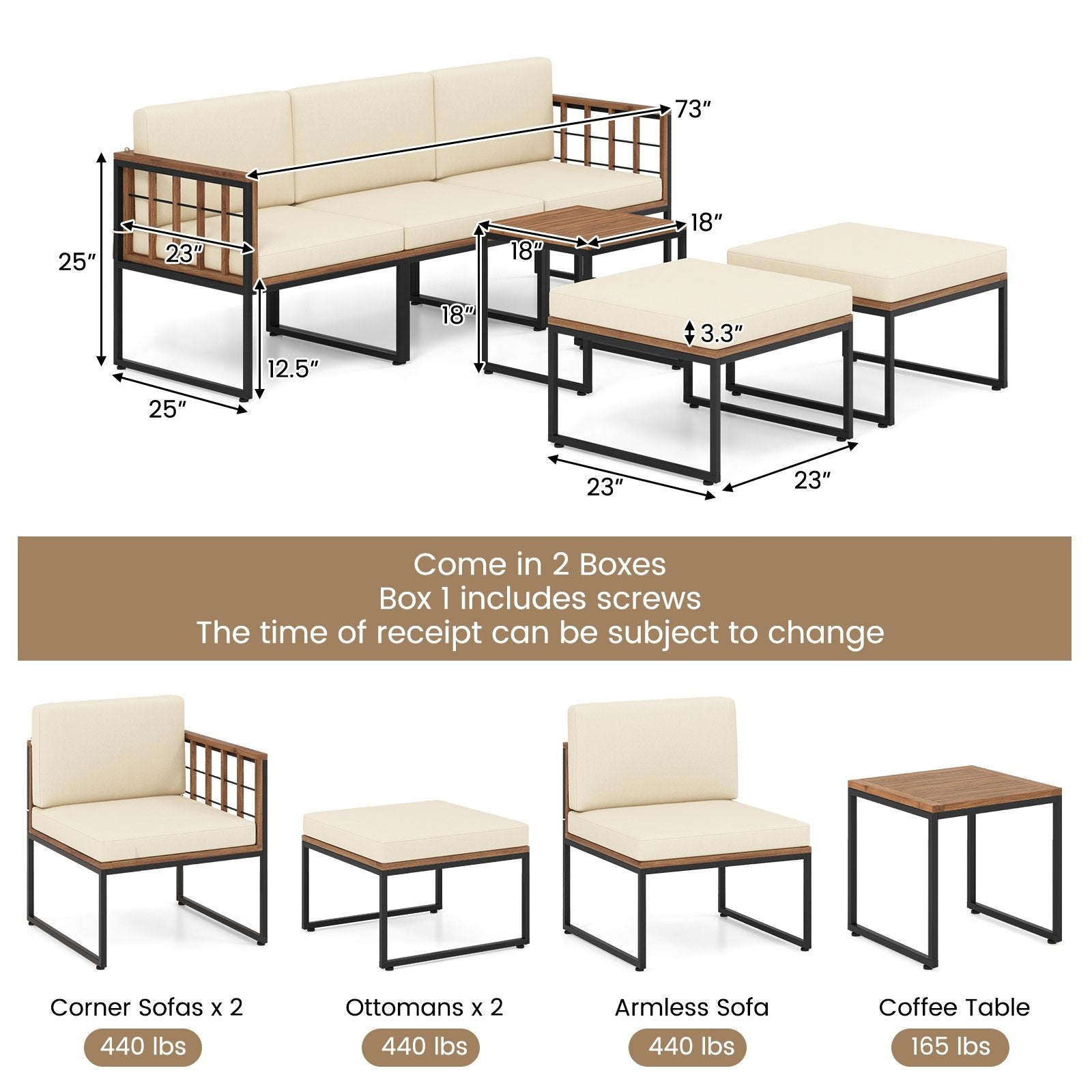 6 Pieces Acacia Wood Patio Furniture Set with Coffee Table and Ottomans, Beige Patio Conversation Sets   at Gallery Canada