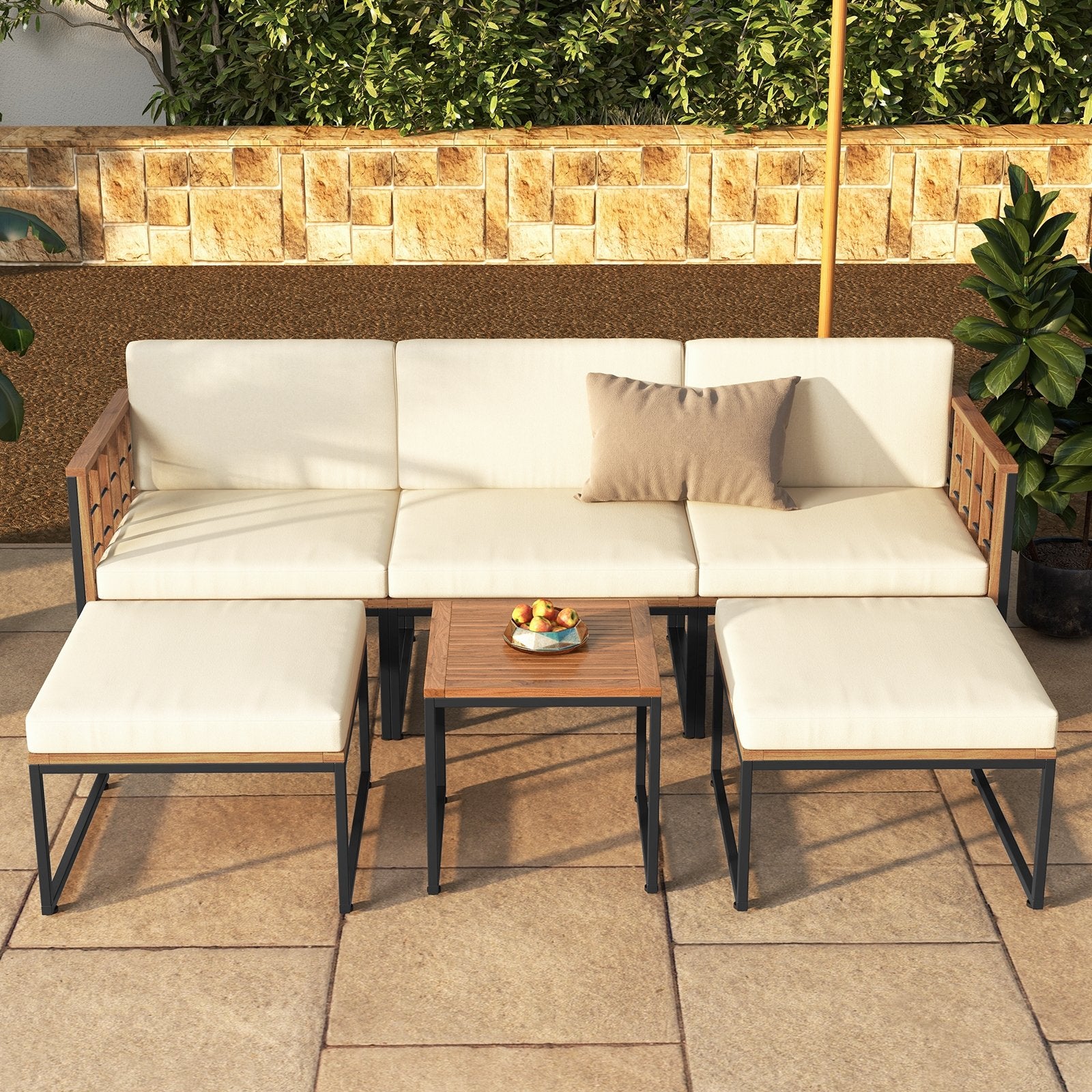 6 Pieces Acacia Wood Patio Furniture Set with Coffee Table and Ottomans, Beige Patio Conversation Sets   at Gallery Canada