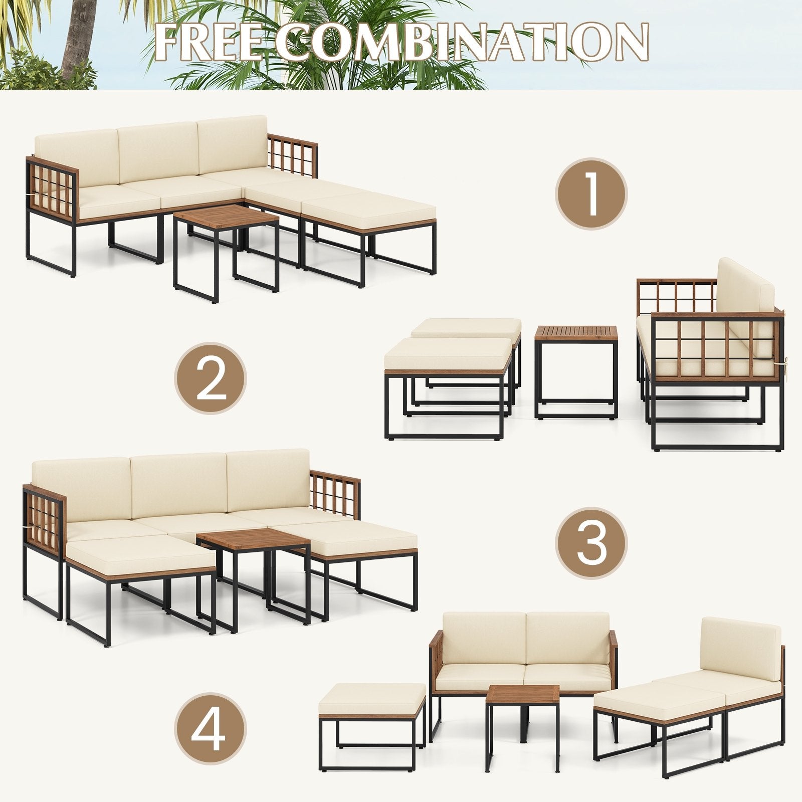 6 Pieces Acacia Wood Patio Furniture Set with Coffee Table and Ottomans, Beige Patio Conversation Sets   at Gallery Canada