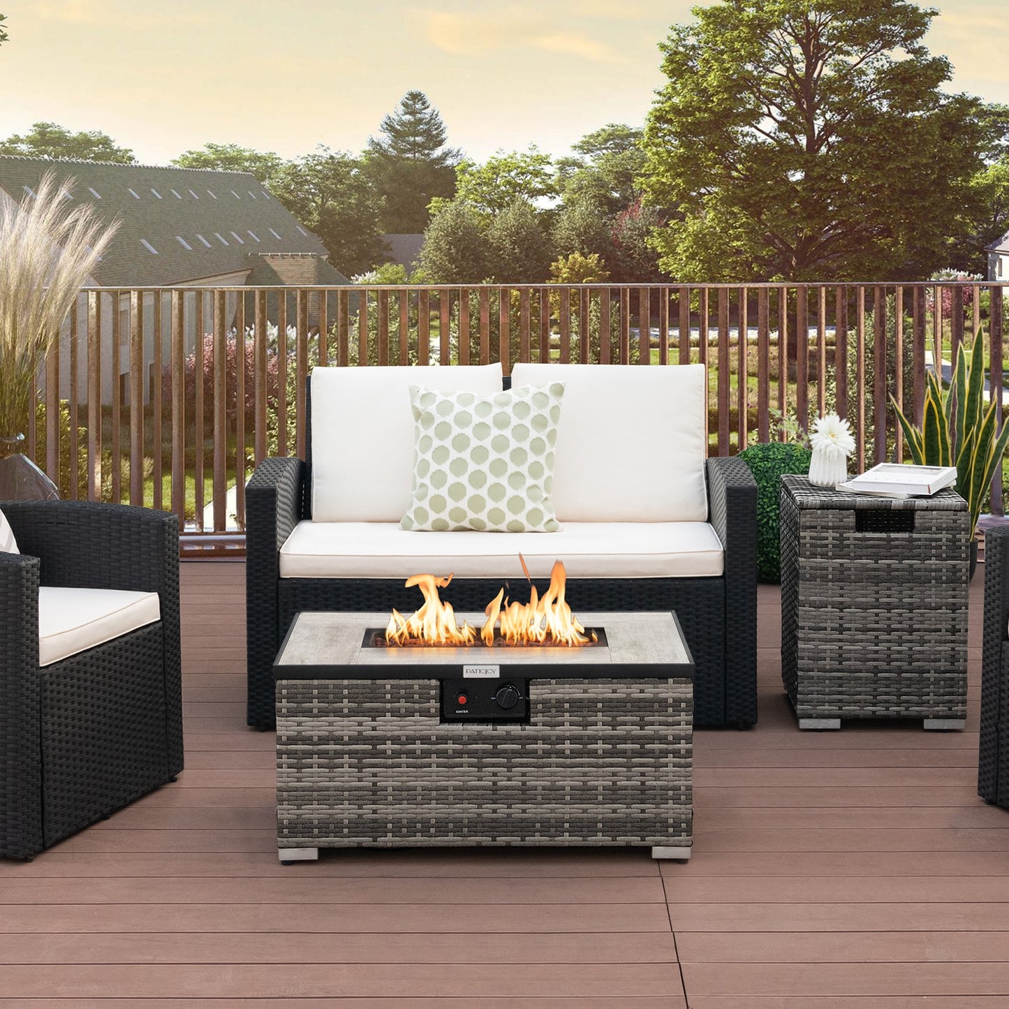 32 x 20 Inch Propane Rattan Fire Pit Table Set with Side Table Tank and Cover, Gray Fire Pit Tables   at Gallery Canada