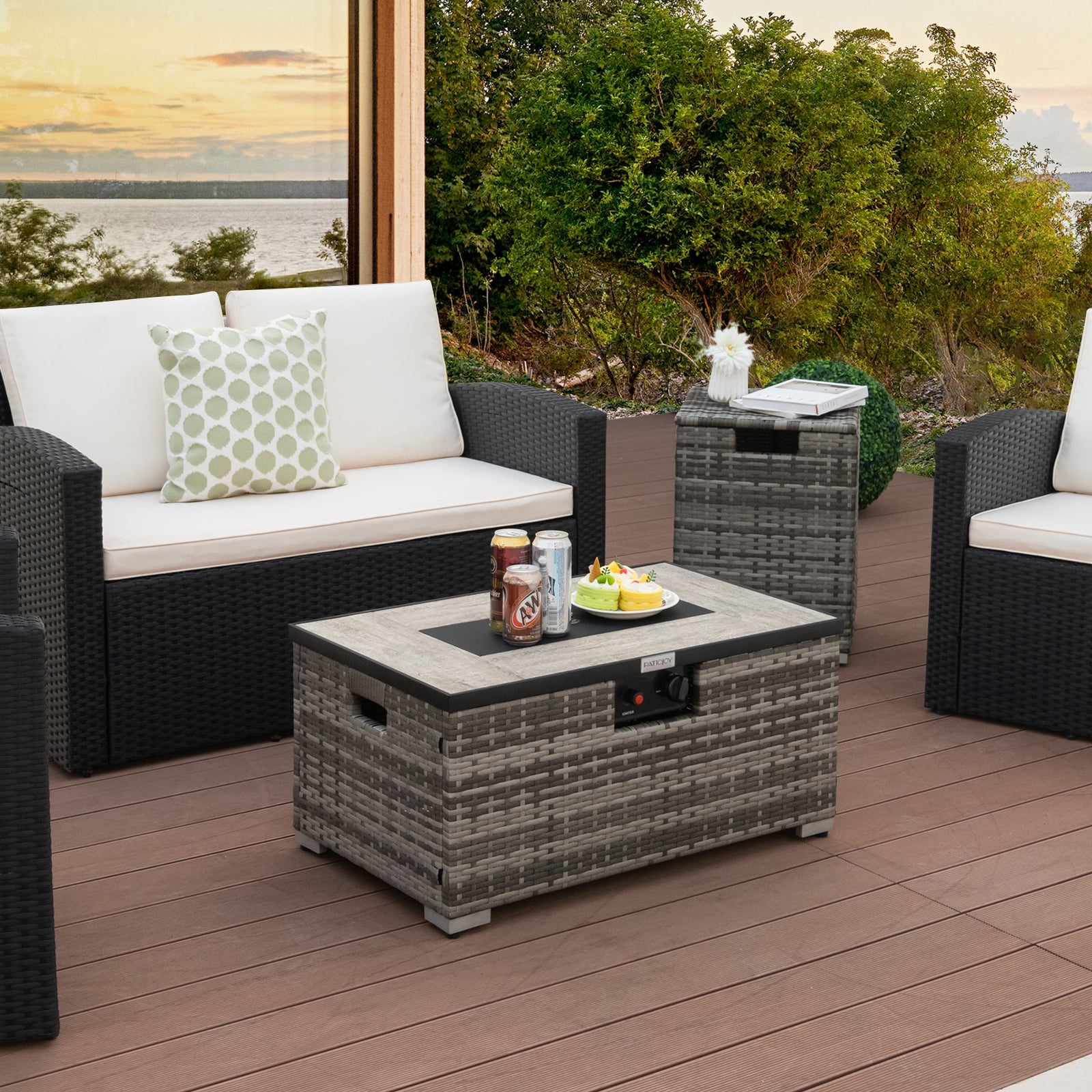 32 x 20 Inch Propane Rattan Fire Pit Table Set with Side Table Tank and Cover, Gray Fire Pit Tables   at Gallery Canada