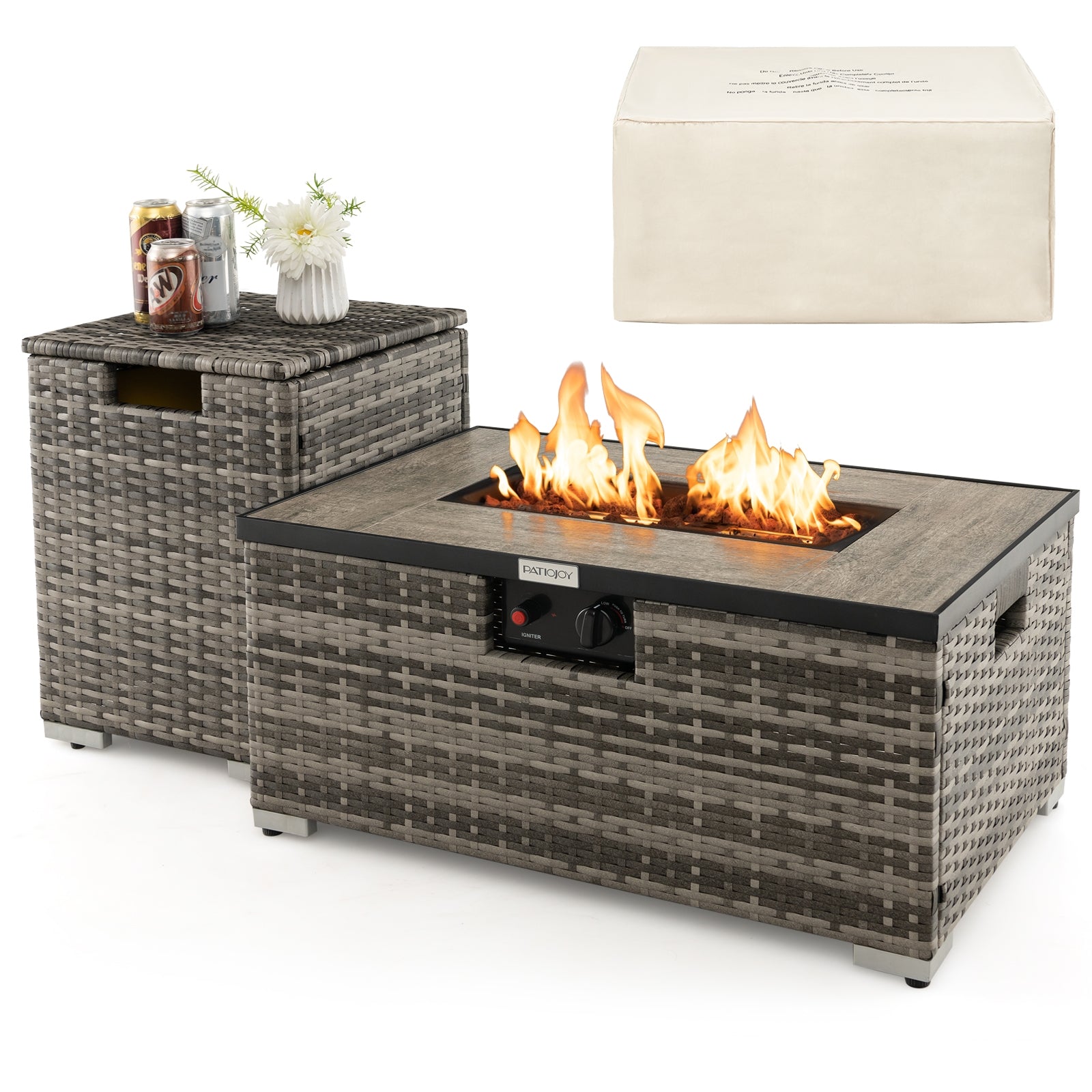 32 x 20 Inch Propane Rattan Fire Pit Table Set with Side Table Tank and Cover, Gray Fire Pit Tables Gray  at Gallery Canada