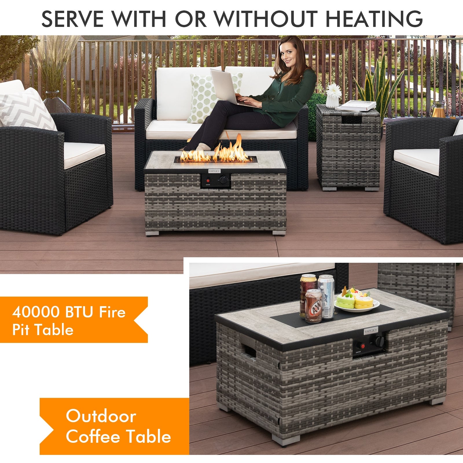 32 x 20 Inch Propane Rattan Fire Pit Table Set with Side Table Tank and Cover, Gray Fire Pit Tables   at Gallery Canada