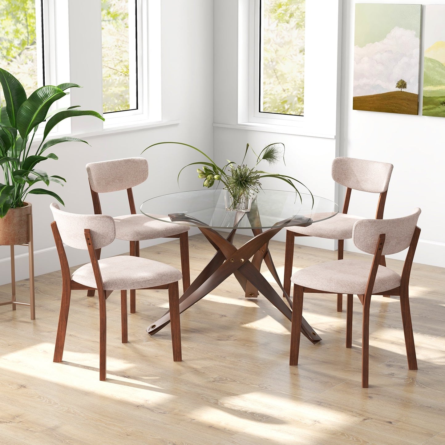 Dining Chairs Set of 2 Upholstered Mid-Back Chairs with Solid Rubber Wood Frame, Beige Dining Chairs   at Gallery Canada