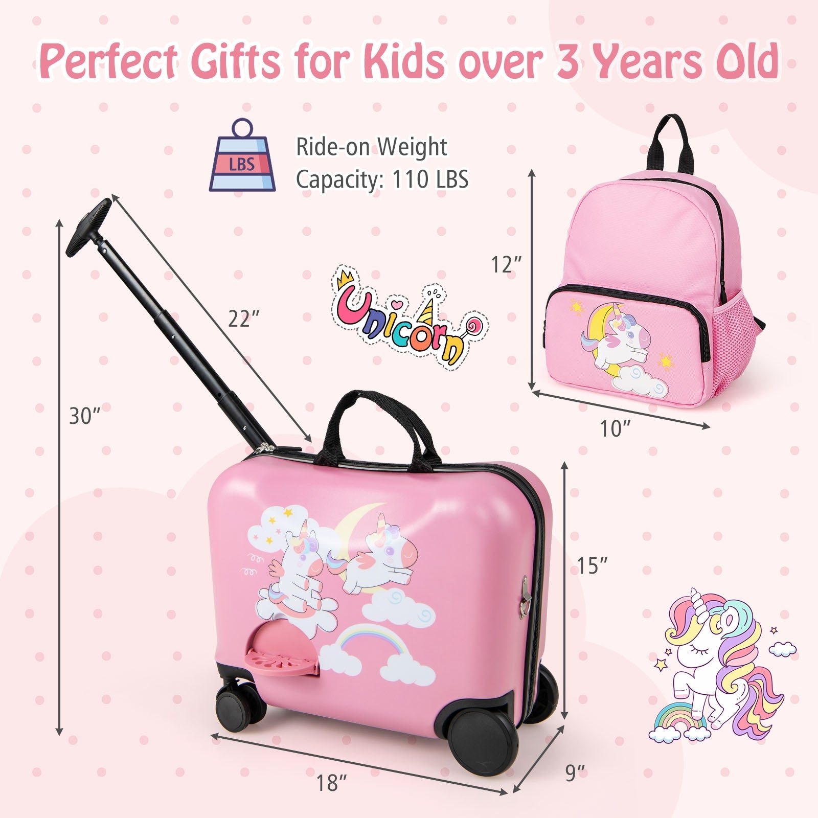 2 Pieces Kid Luggage Set with Spinner Wheels and Aluminum Handle, Pink Kids Luggage   at Gallery Canada