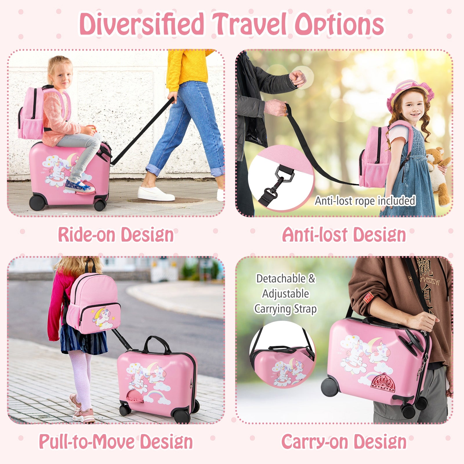 2 Pieces Kid Luggage Set with Spinner Wheels and Aluminum Handle, Pink Kids Luggage   at Gallery Canada