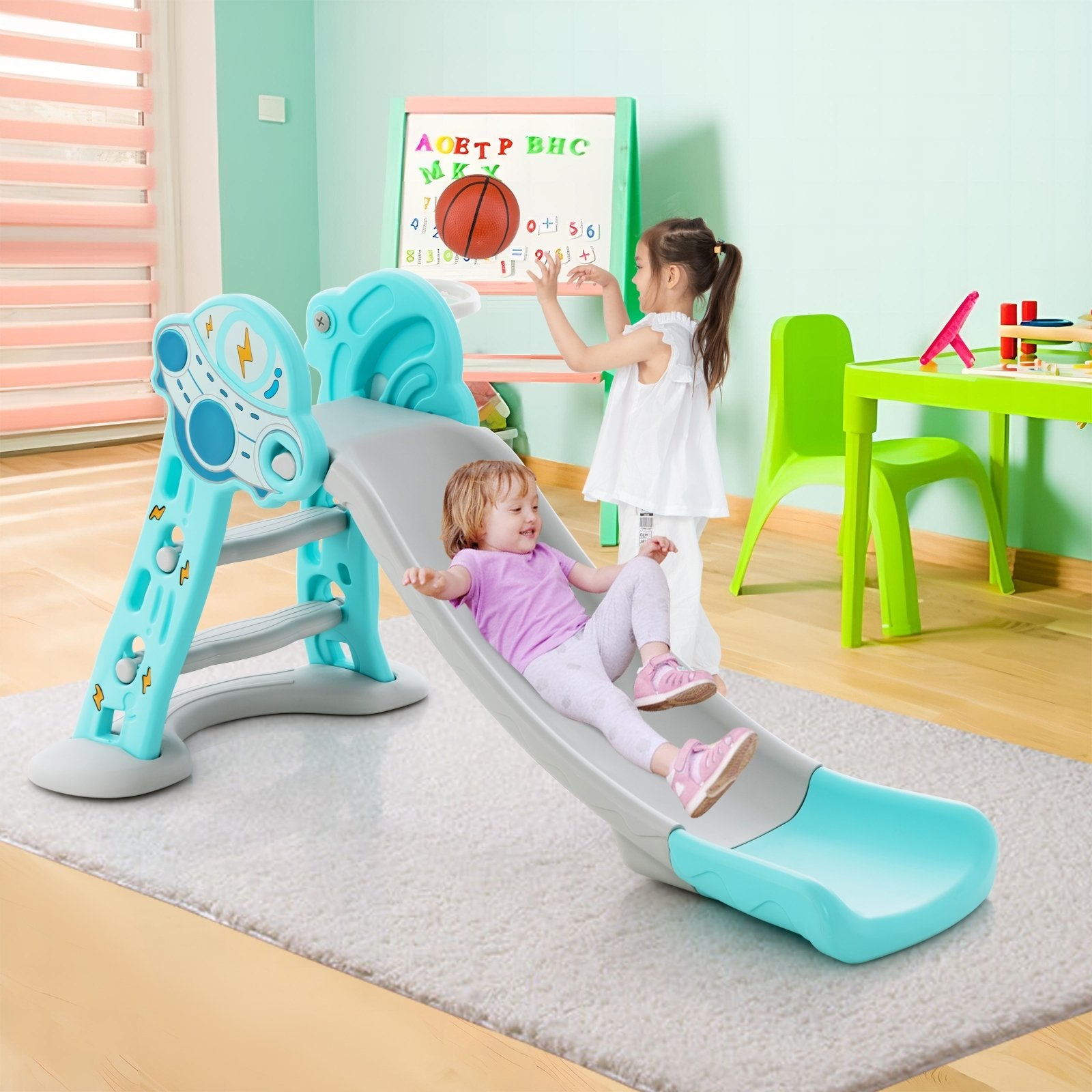 3-in-1 Folding Slide Playset with Basketball Hoop and Small Basketball, Blue Climbers & Slides   at Gallery Canada