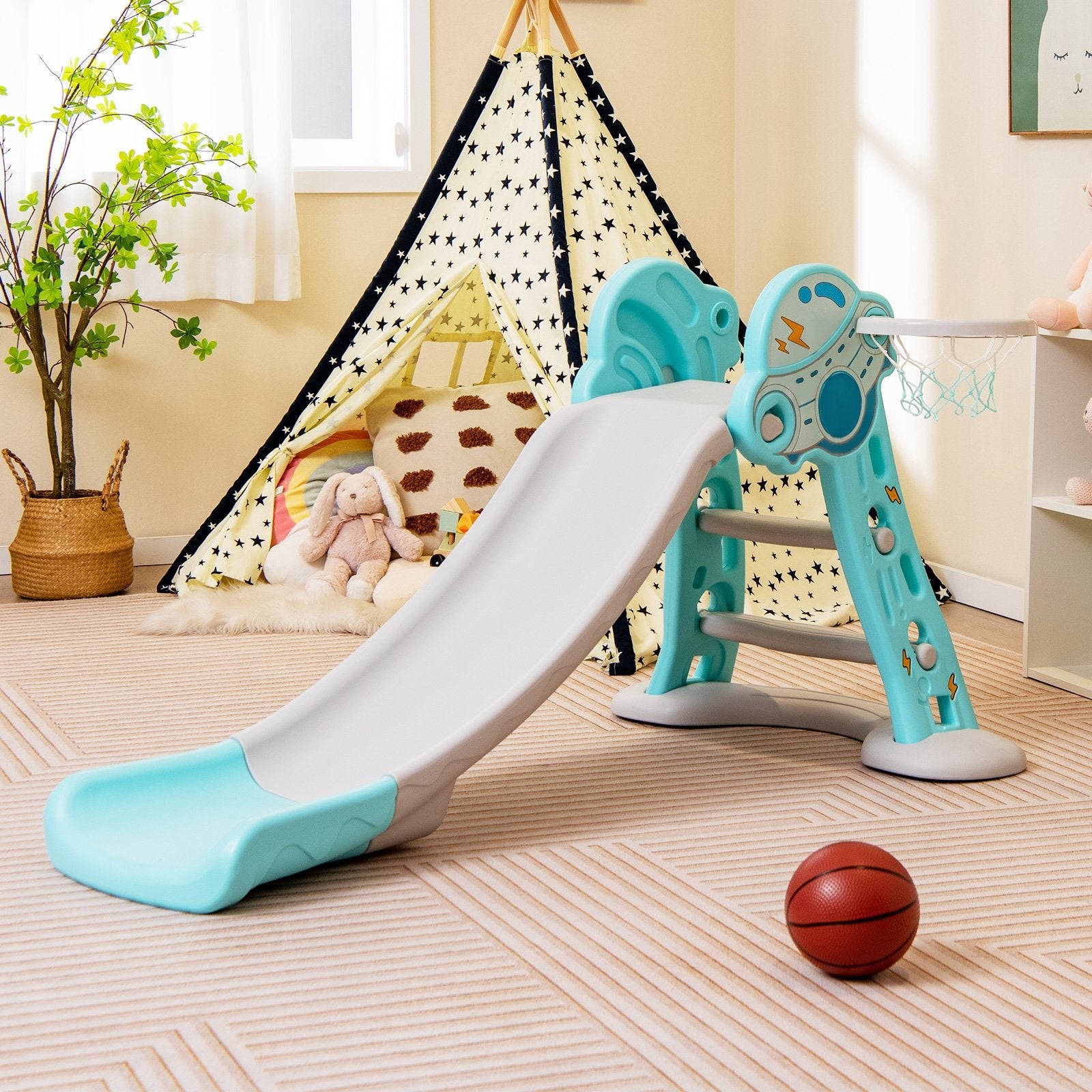 3-in-1 Folding Slide Playset with Basketball Hoop and Small Basketball, Blue Climbers & Slides   at Gallery Canada