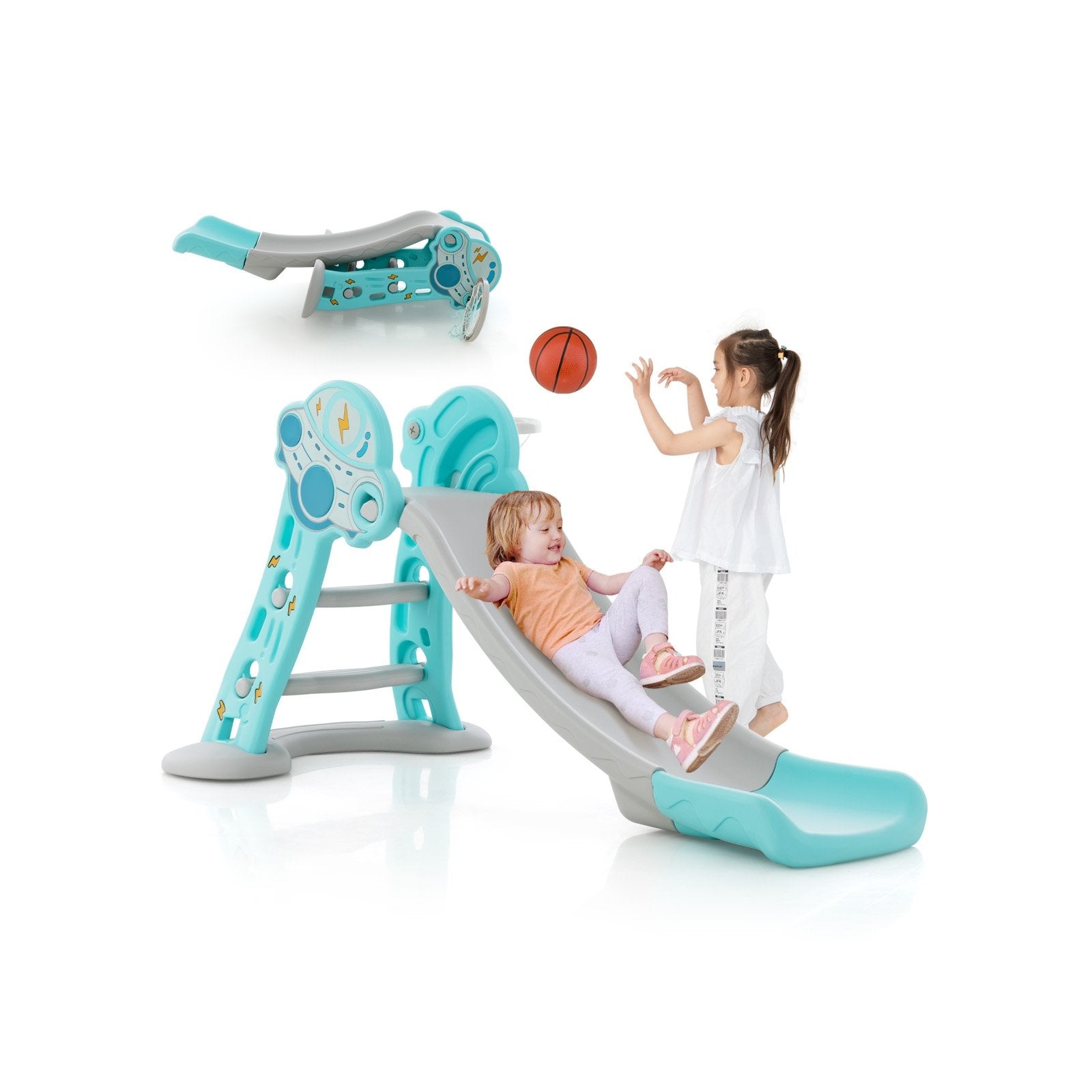 3-in-1 Folding Slide Playset with Basketball Hoop and Small Basketball, Blue Climbers & Slides   at Gallery Canada