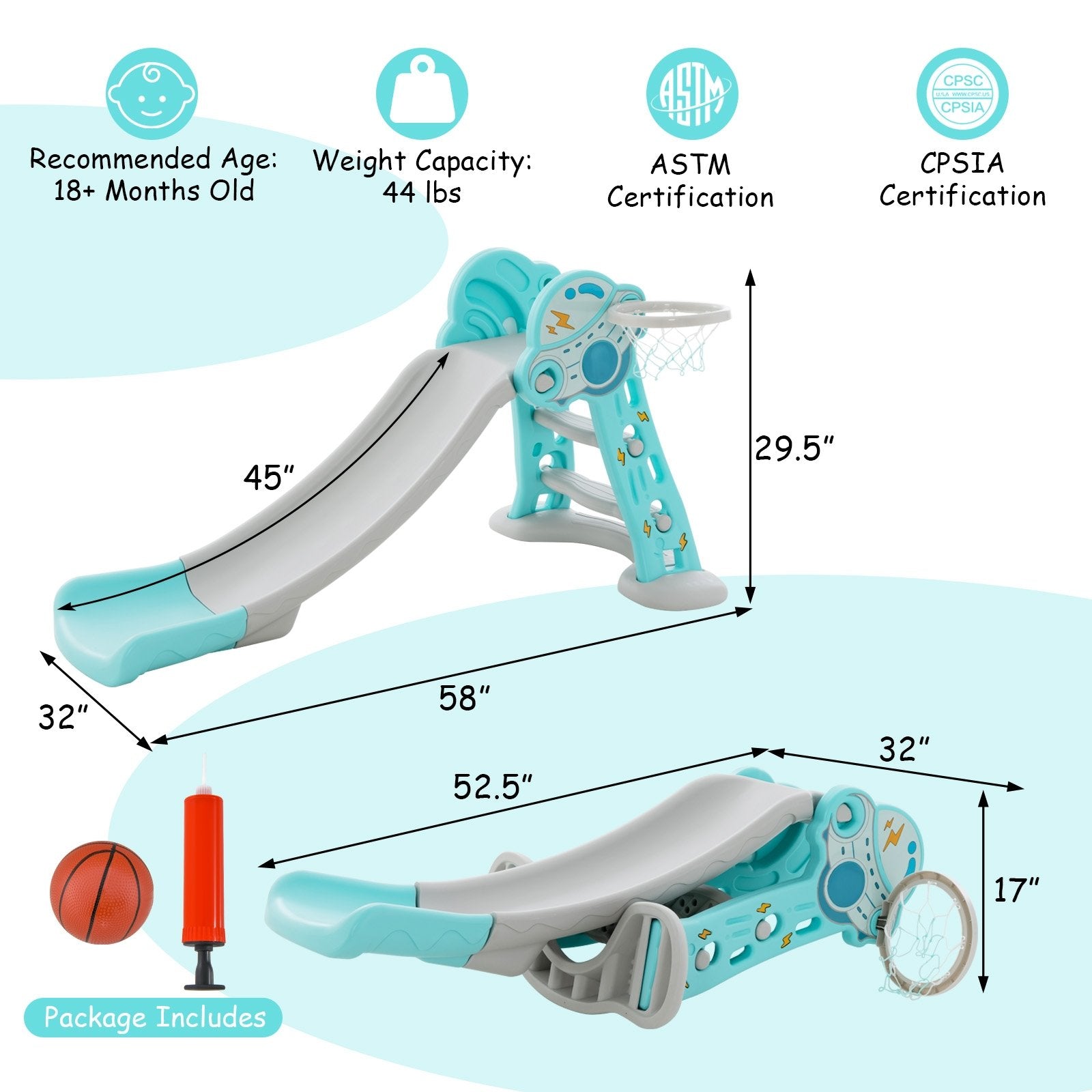 3-in-1 Folding Slide Playset with Basketball Hoop and Small Basketball, Blue Climbers & Slides   at Gallery Canada