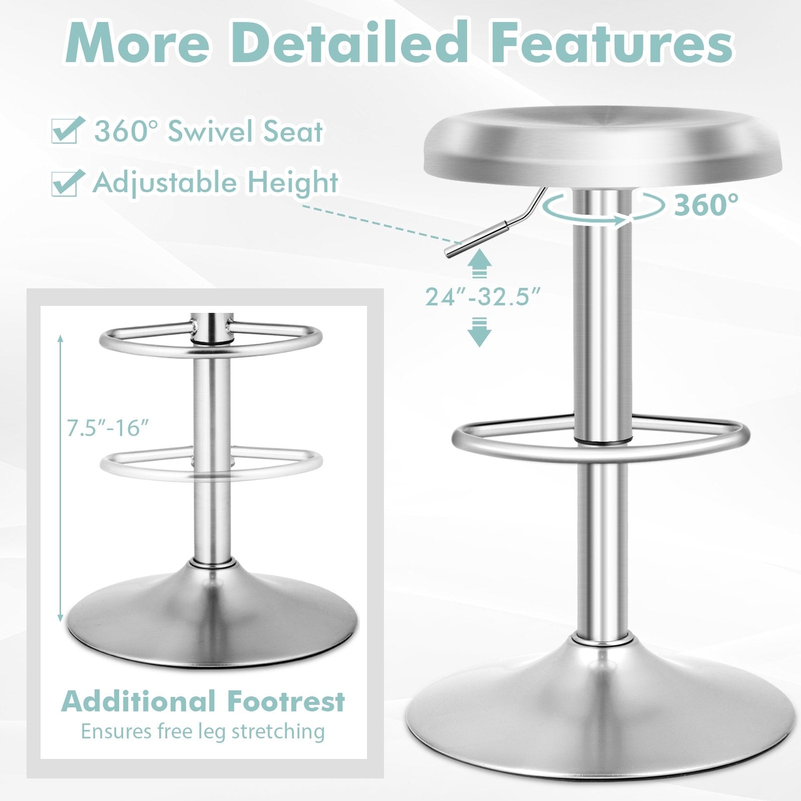 Modern Swivel Adjustable Height Bar Stool with Footrest-2 Pieces Bar Stools   at Gallery Canada