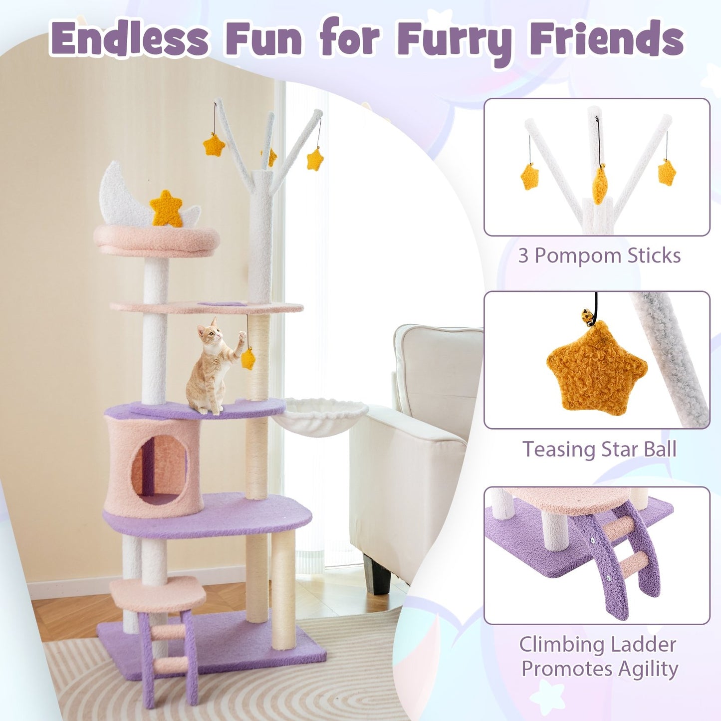 Multi-level Cat Tower with Sisal Covered Scratching Posts-M, Purple Cat Trees Condos & Scratchers   at Gallery Canada