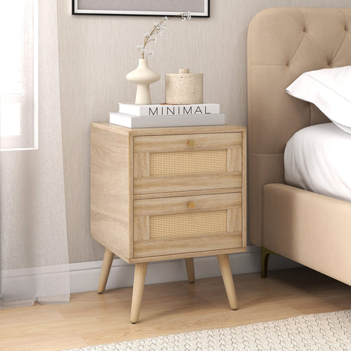 Rattan Nightstand Boho Accent Bedside Table with 2 Storage Drawers, Natural