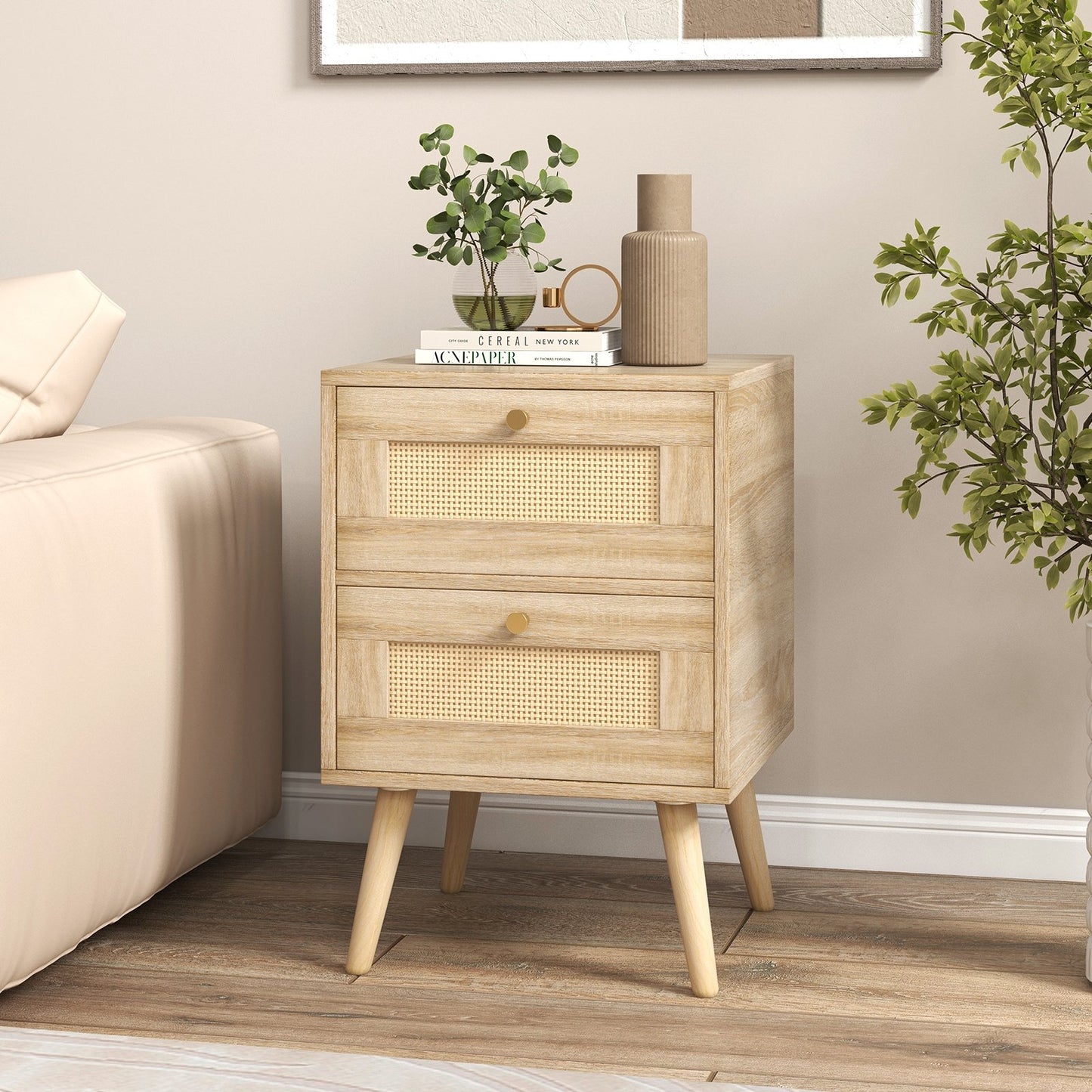 Rattan Nightstand Boho Accent Bedside Table with 2 Storage Drawers, Natural Nightstands   at Gallery Canada