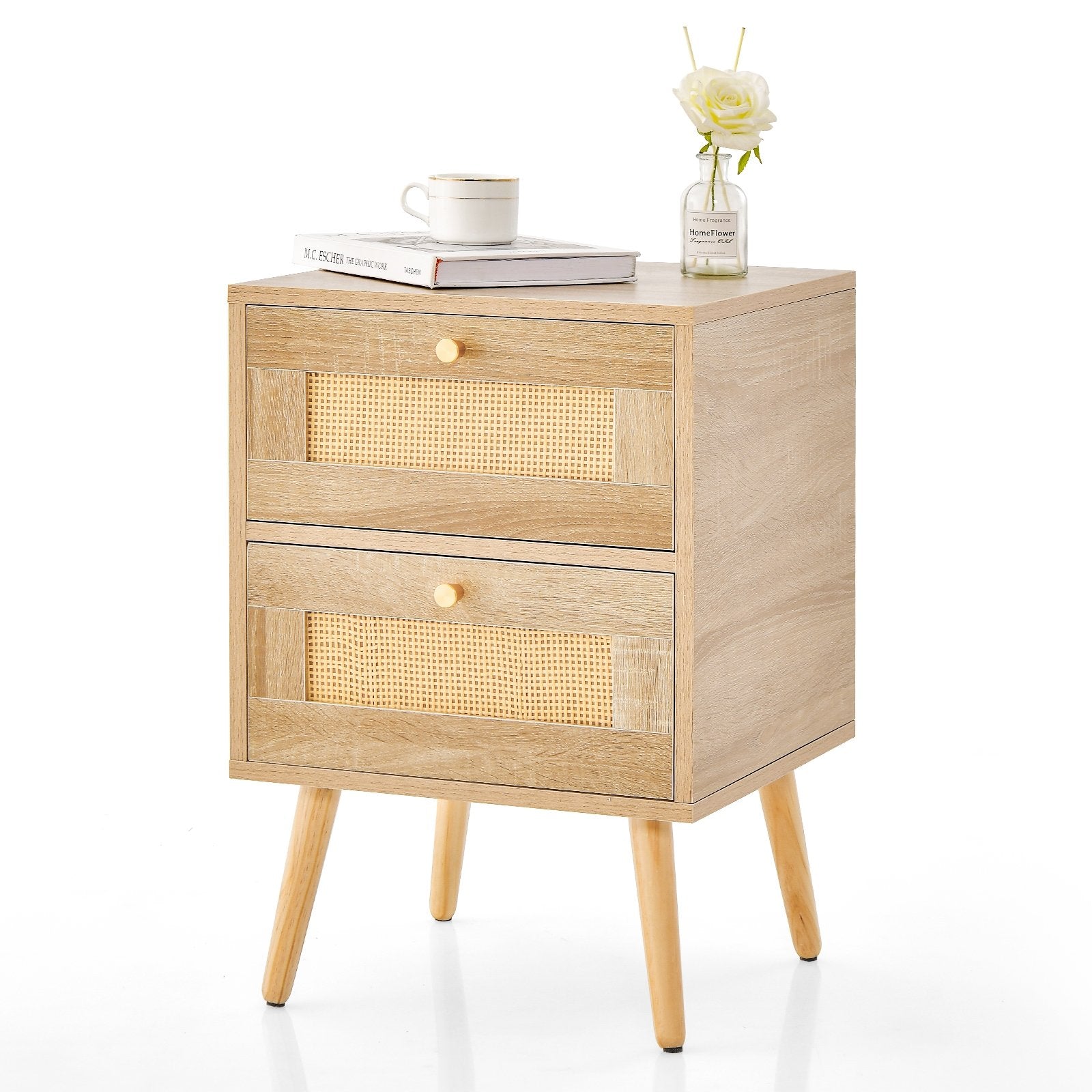 Rattan Nightstand Boho Accent Bedside Table with 2 Storage Drawers, Natural Nightstands   at Gallery Canada