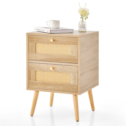 Rattan Nightstand Boho Accent Bedside Table with 2 Storage Drawers, Natural Nightstands   at Gallery Canada