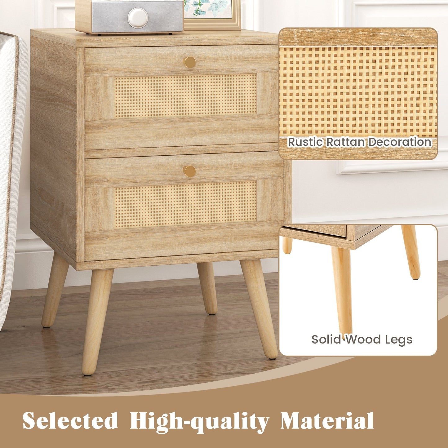 Rattan Nightstand Boho Accent Bedside Table with 2 Storage Drawers, Natural Nightstands   at Gallery Canada